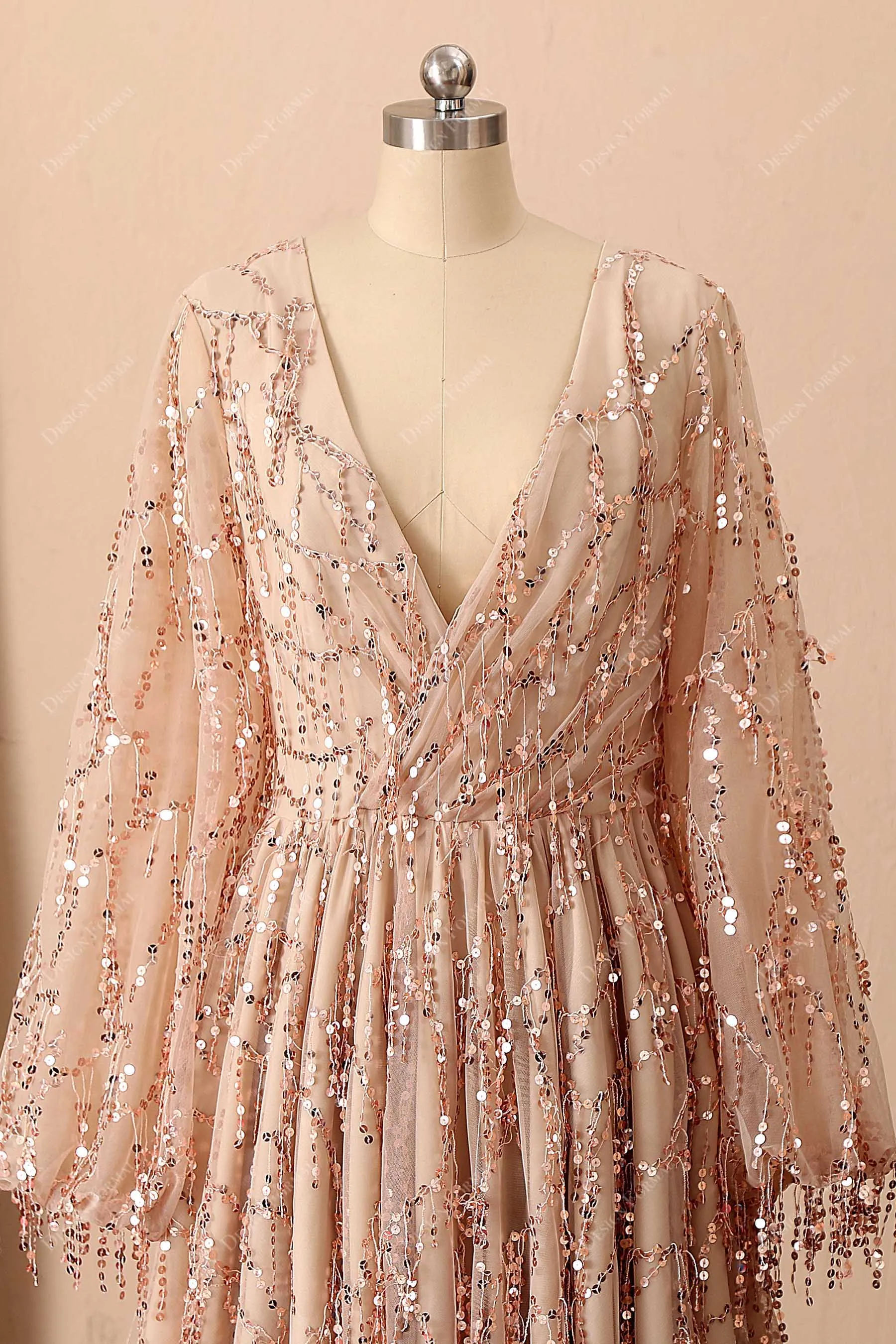 Plus Size Champagne V-neck Scattered Sequin Tassel Prom Dress