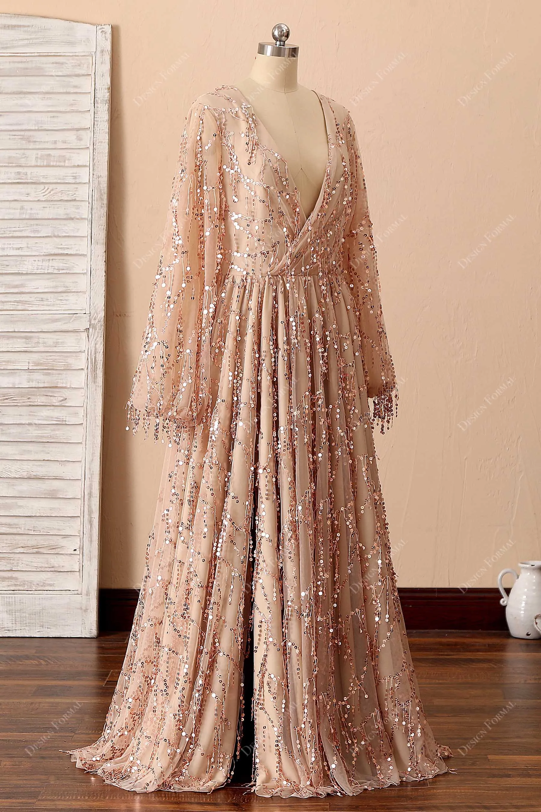 Plus Size Champagne V-neck Scattered Sequin Tassel Prom Dress