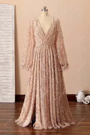 Plus Size Champagne V-neck Scattered Sequin Tassel Prom Dress