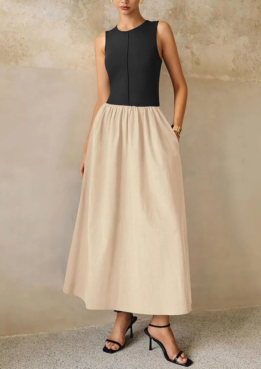PRETTYGARDEN Women Maxi Dresses 2025 Summer Casual Sleeveless Patchwork Knit Tank Dress Flowy Beach Sundress Long Dress