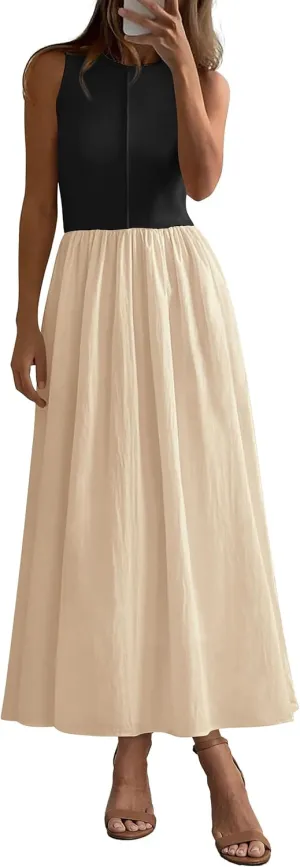 PRETTYGARDEN Women Maxi Dresses 2025 Summer Casual Sleeveless Patchwork Knit Tank Dress Flowy Beach Sundress Long Dress