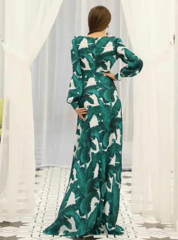 PRINTED BEACH SKIRT LONG SLEEVE WAIST STRAP FLOUNCES DRESS