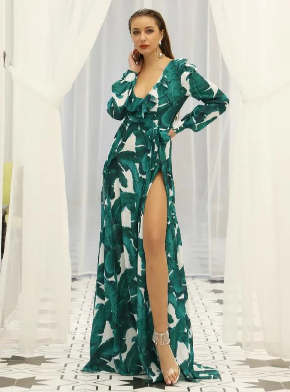 PRINTED BEACH SKIRT LONG SLEEVE WAIST STRAP FLOUNCES DRESS