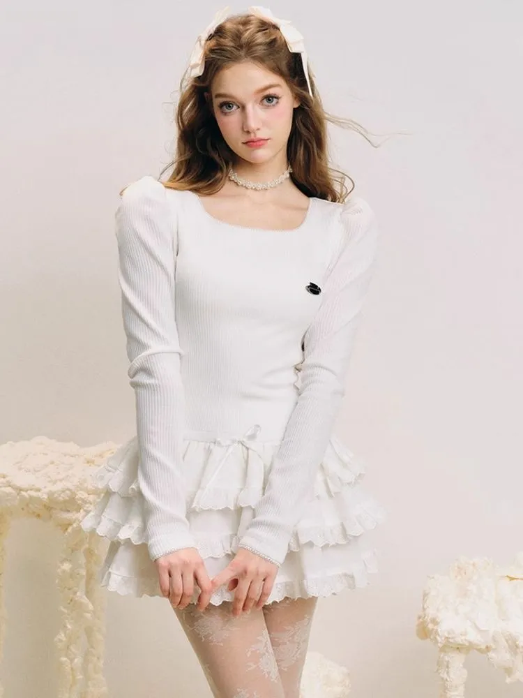 Puffy cake skirt underneath a knit dress【s0000004602】
