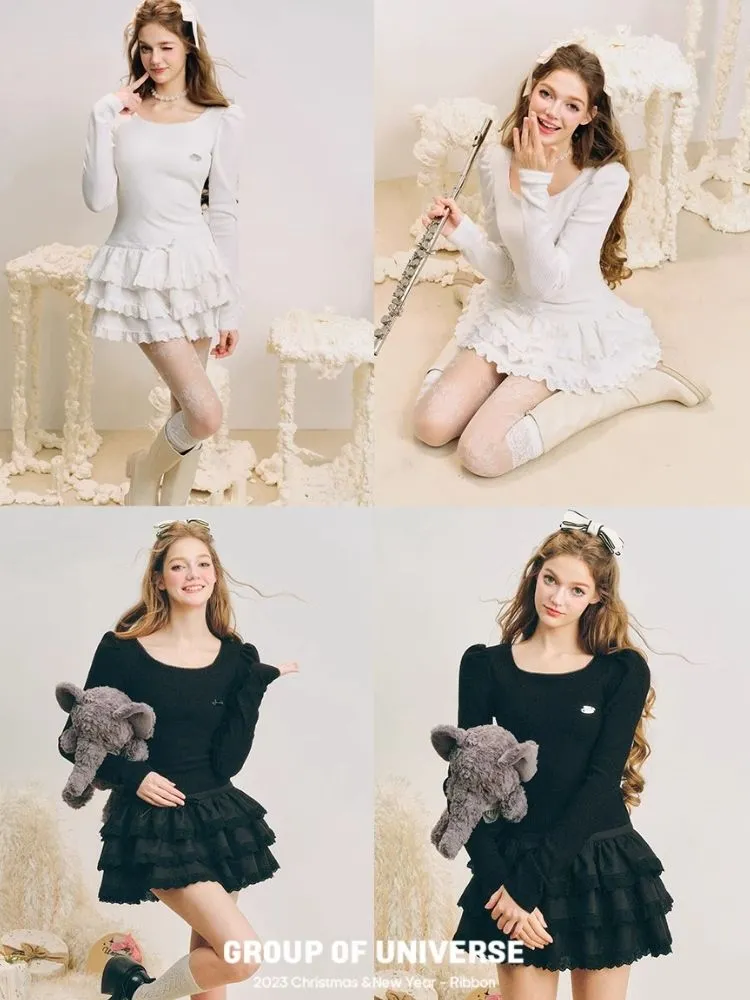 Puffy cake skirt underneath a knit dress【s0000004602】