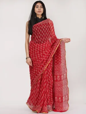 Red OffWhite Hand Block Printed Chiffon Saree With Zari Border - S031704703