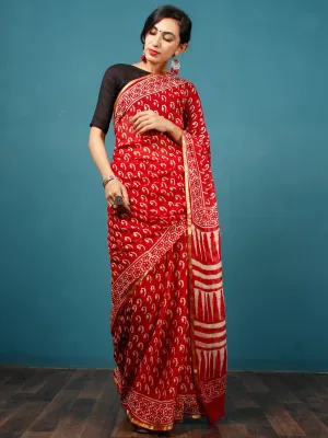 Red White Hand Block Printed Chiffon Saree with Zari Border - S031702797