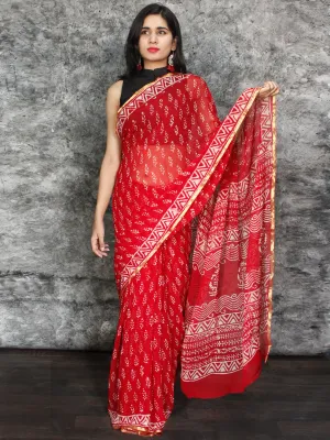 Red White Hand Block Printed Chiffon Saree with Zari Border - S031703115