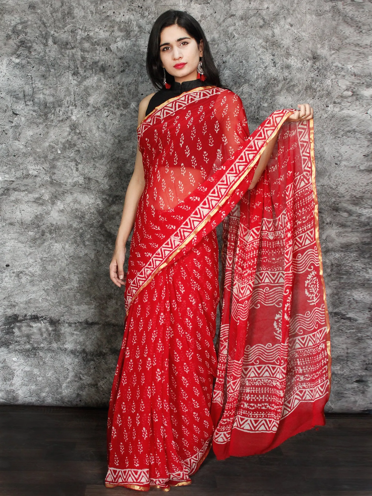 Red White Hand Block Printed Chiffon Saree with Zari Border - S031703115