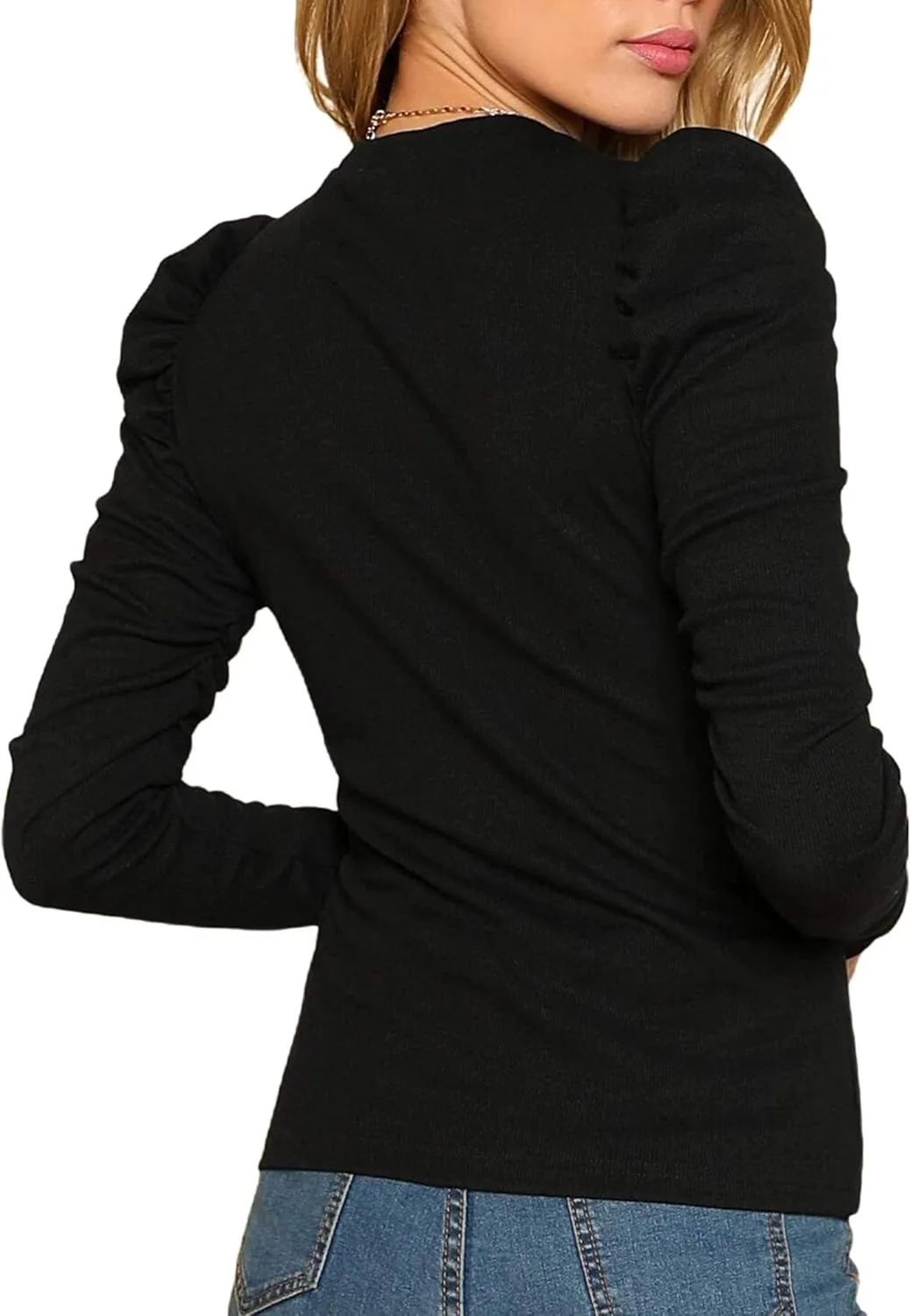 Remidoo Women's Solid Round Neck Puff Long Sleeve Slim Fit T Shirt Tops