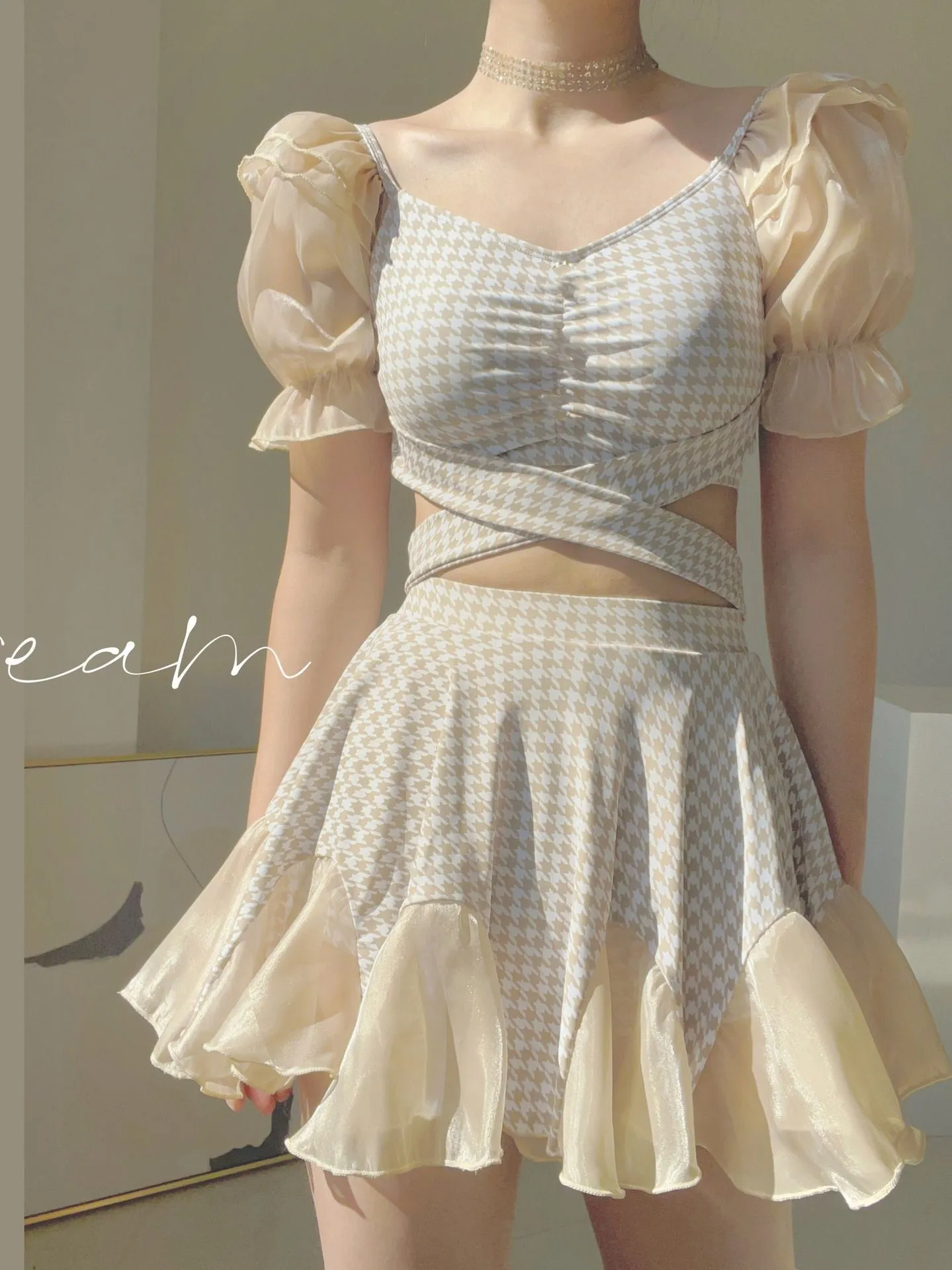Ruffles Plaid Short Sleeves Swimwear Dress