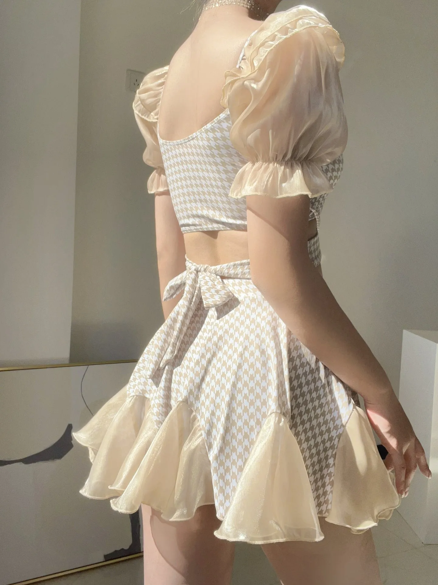 Ruffles Plaid Short Sleeves Swimwear Dress