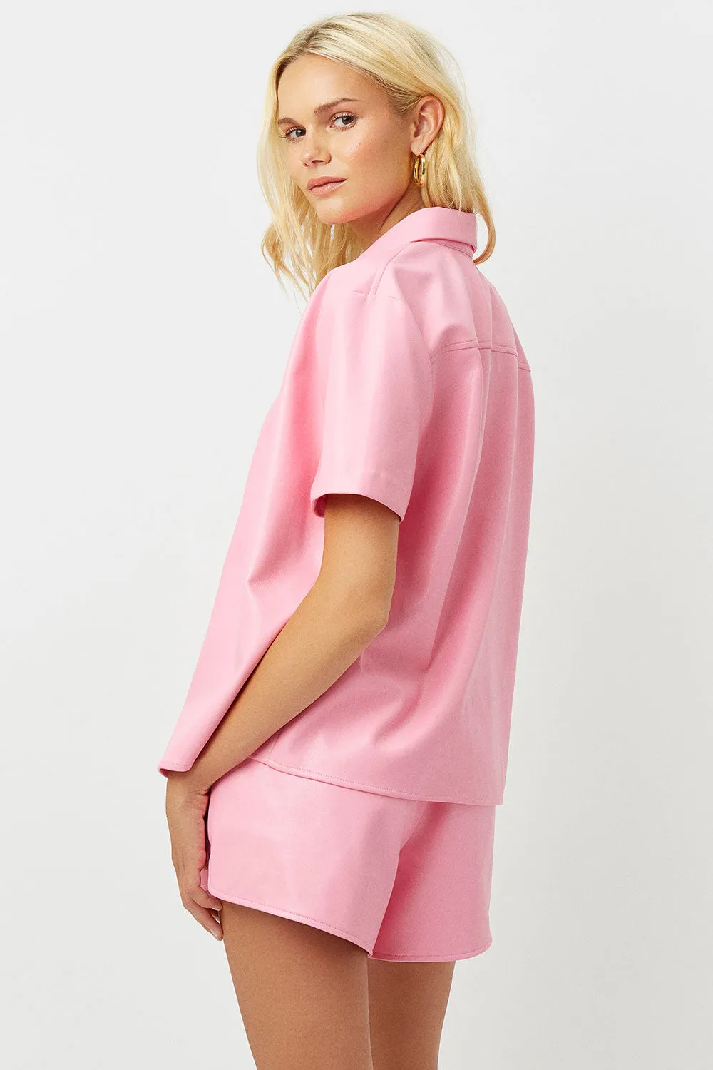 Rusty Vegan Leather Button Up Shirt - Pink Punch