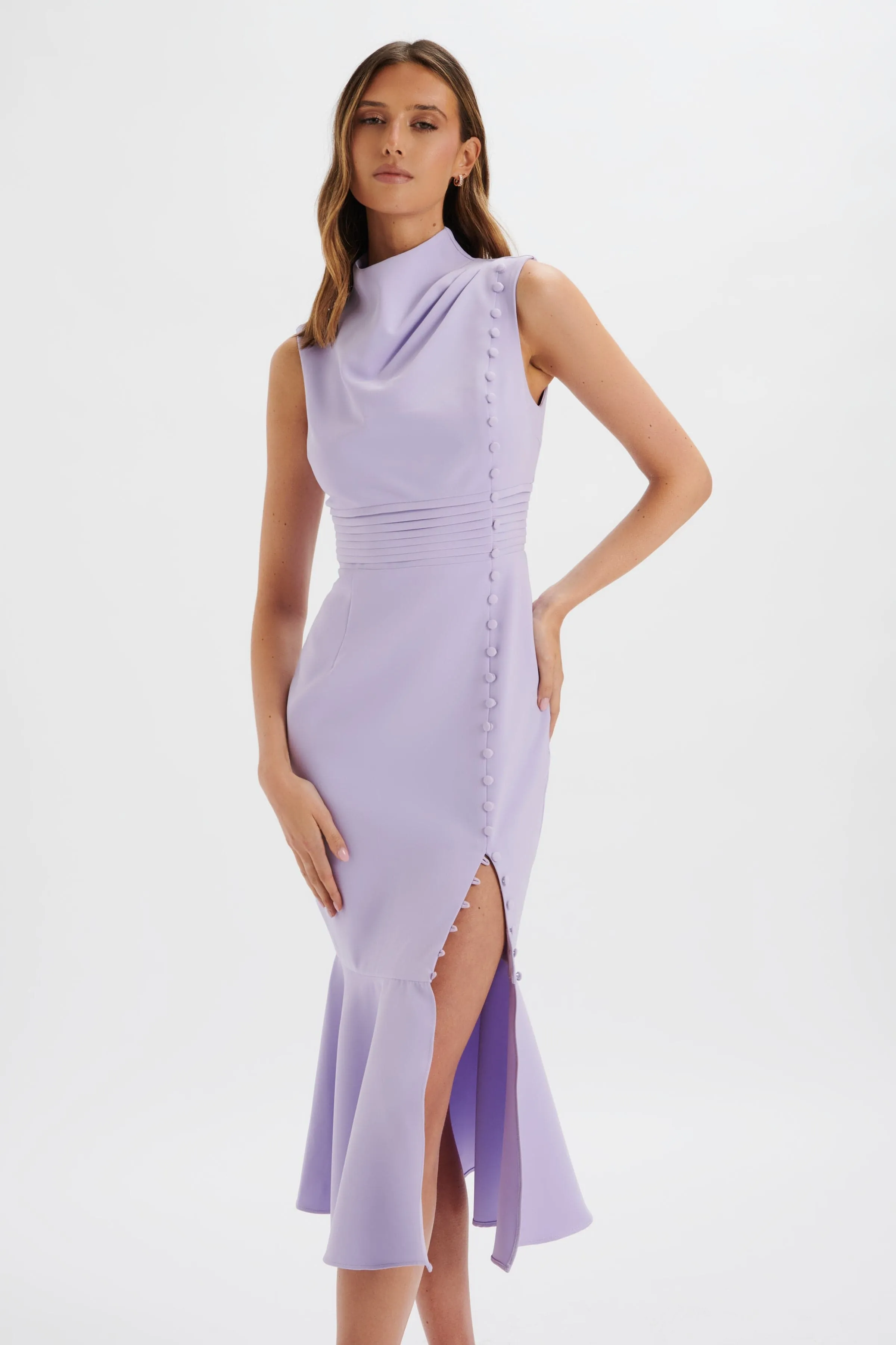 SAFFRON High Neck Micro Button Midi Dress in Lilac