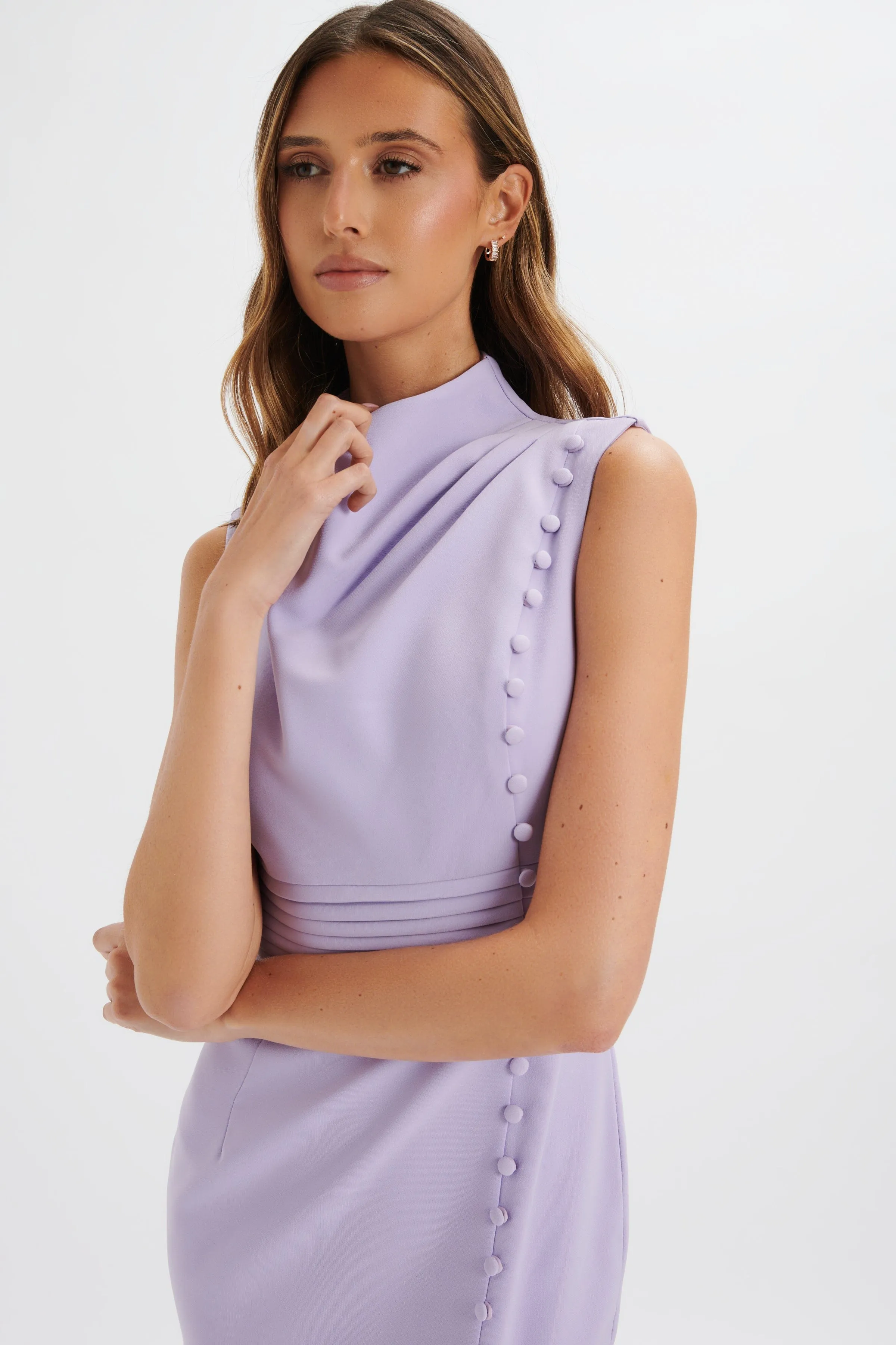 SAFFRON High Neck Micro Button Midi Dress in Lilac