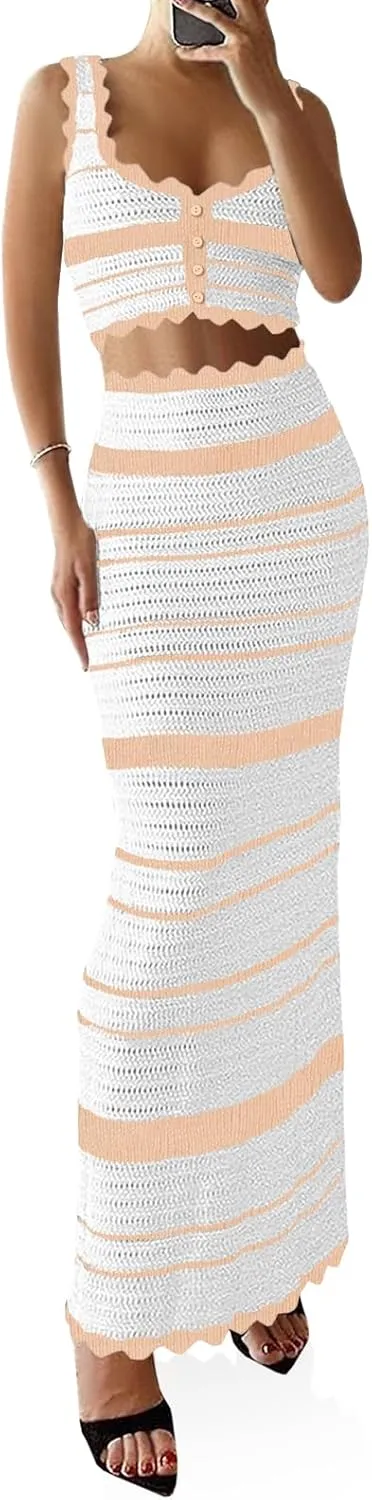 Saodimallsu Womens 2 Piece Sets Summer Striped Crochet Knit Coverup Sleeveless Button Crop Tank Top Bodycon Maxi Skirt