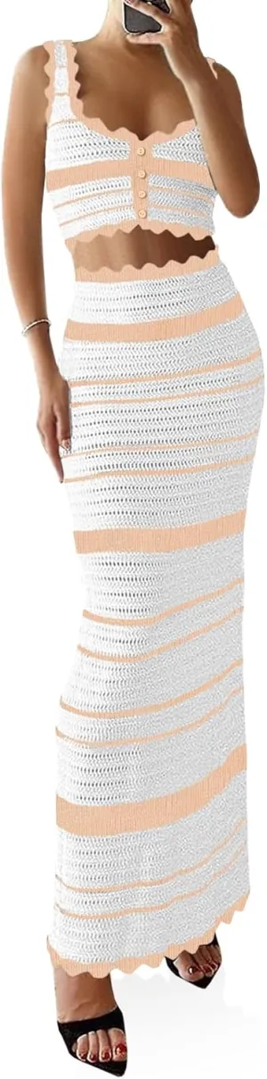 Saodimallsu Womens 2 Piece Sets Summer Striped Crochet Knit Coverup Sleeveless Button Crop Tank Top Bodycon Maxi Skirt