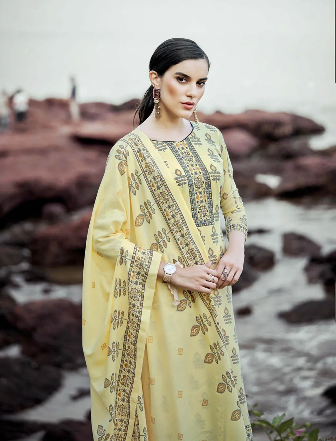 Sargam Unstitched Yellow Cotton Suits Dress Materials for Women