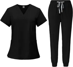 Scrubs for Women Set Stretch V-Neck Scrub Tops with Pockets & Cargo Pant Quick Drying Solid Nurse Uniform