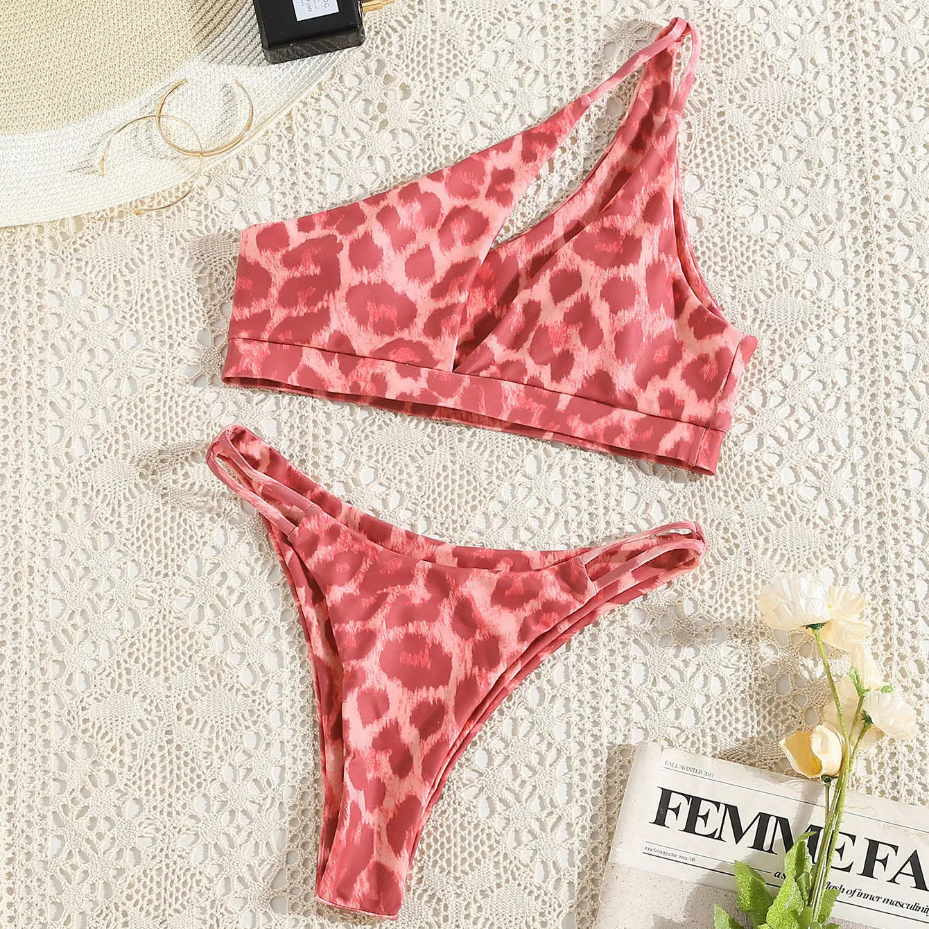 Sexy Pink Leopard One Shoulder Bikini Set