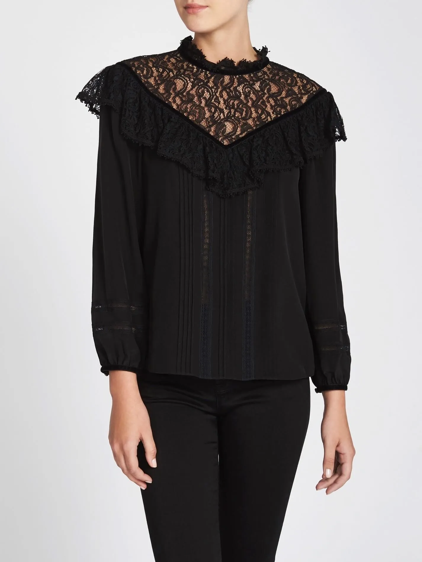 Silk & Lace Top With Velvet Trim
