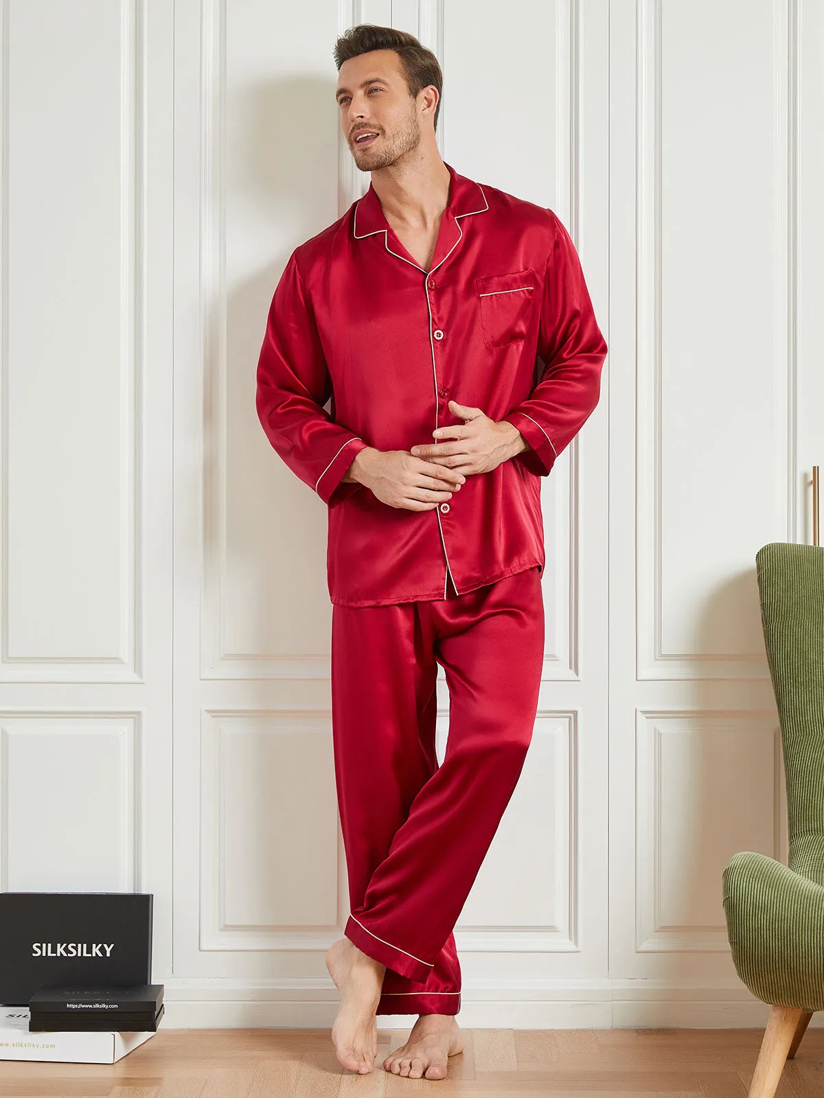 Silk Men's Lapel Long Sleeve Pyjamas Set