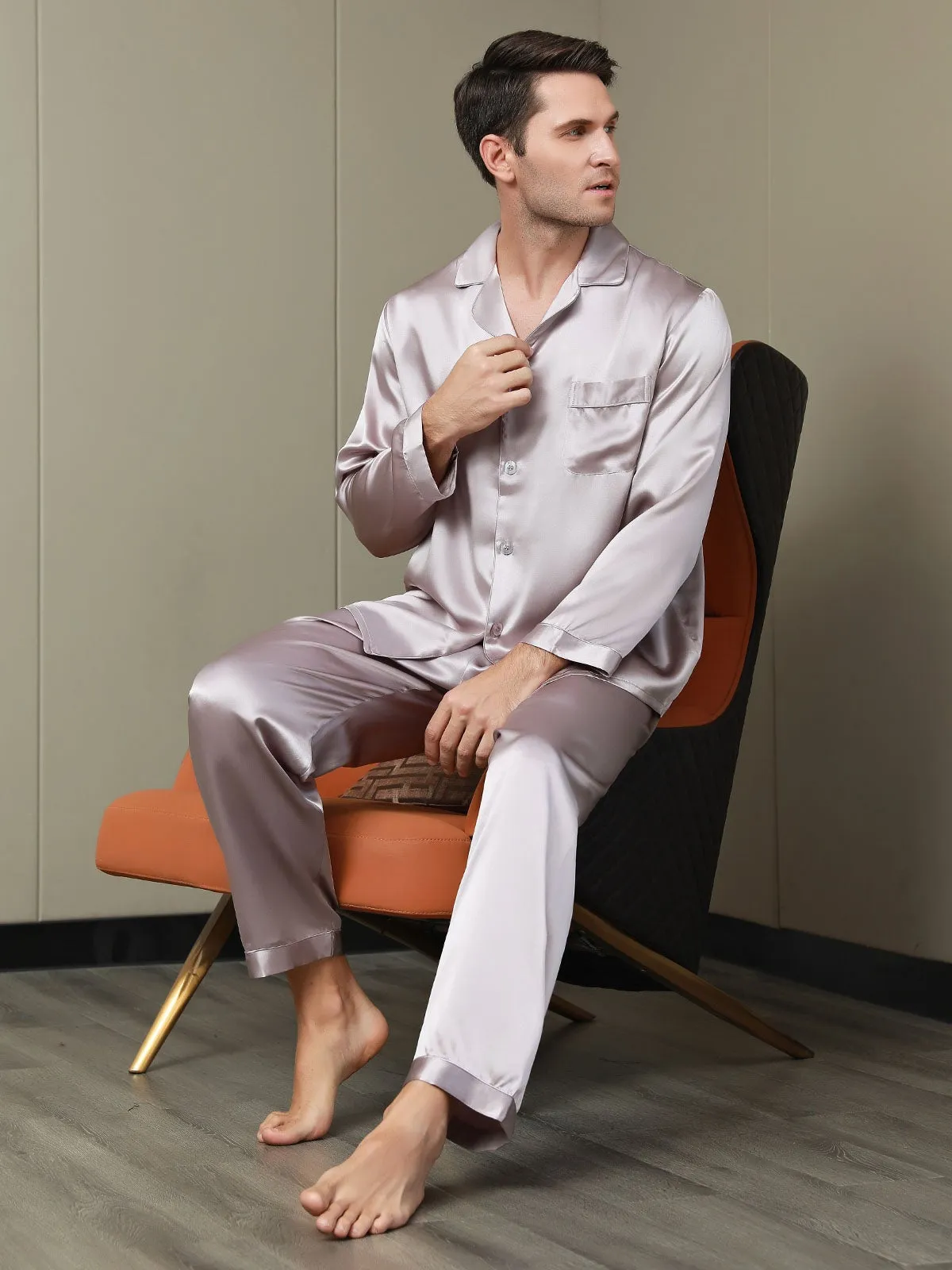 Silk Men's Lapel Long Sleeve Pyjamas Set