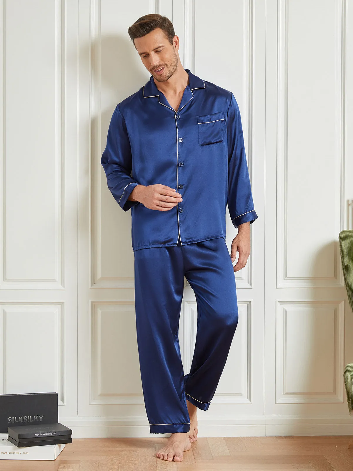 Silk Men's Lapel Long Sleeve Pyjamas Set