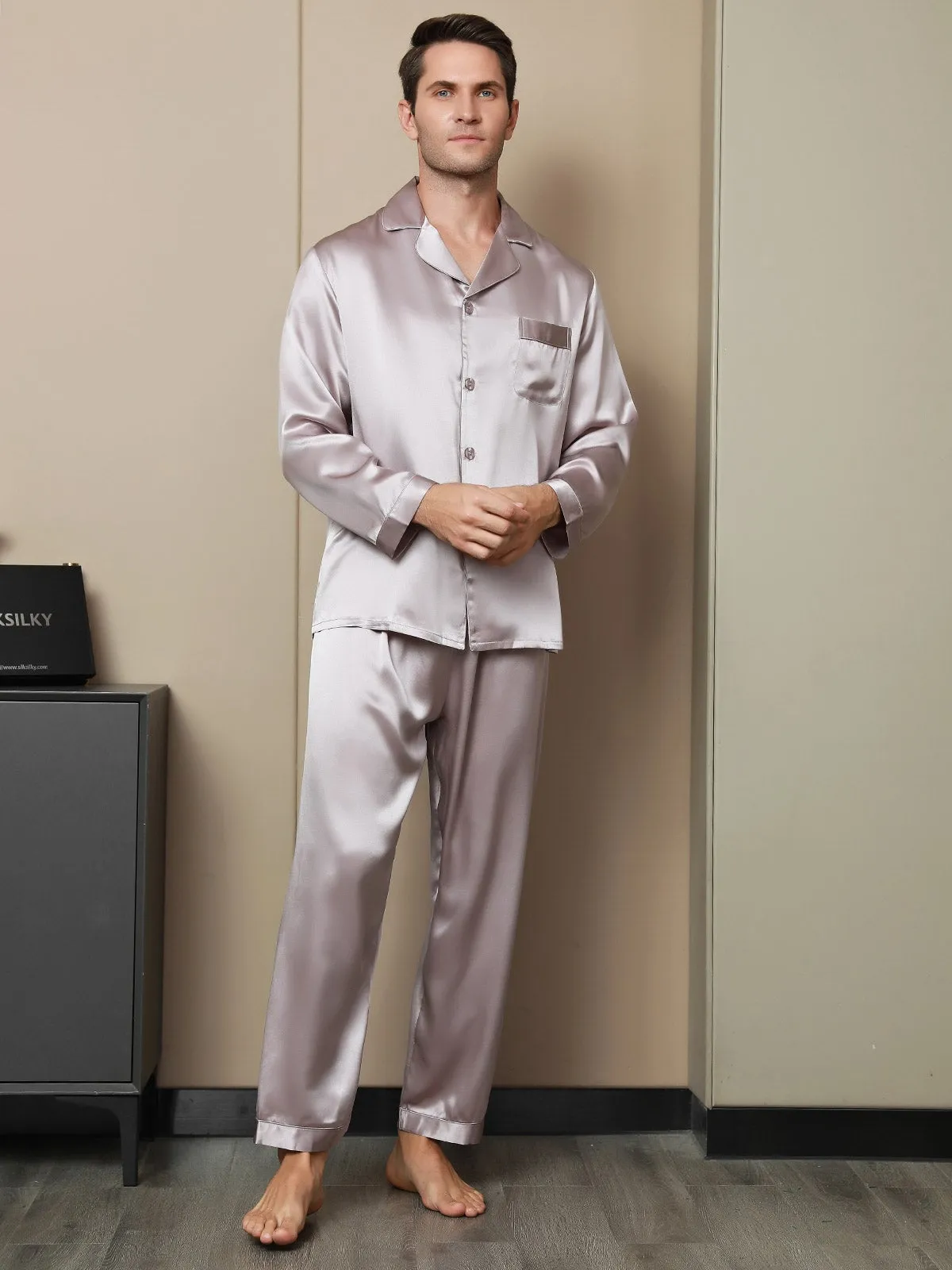 Silk Men's Lapel Long Sleeve Pyjamas Set