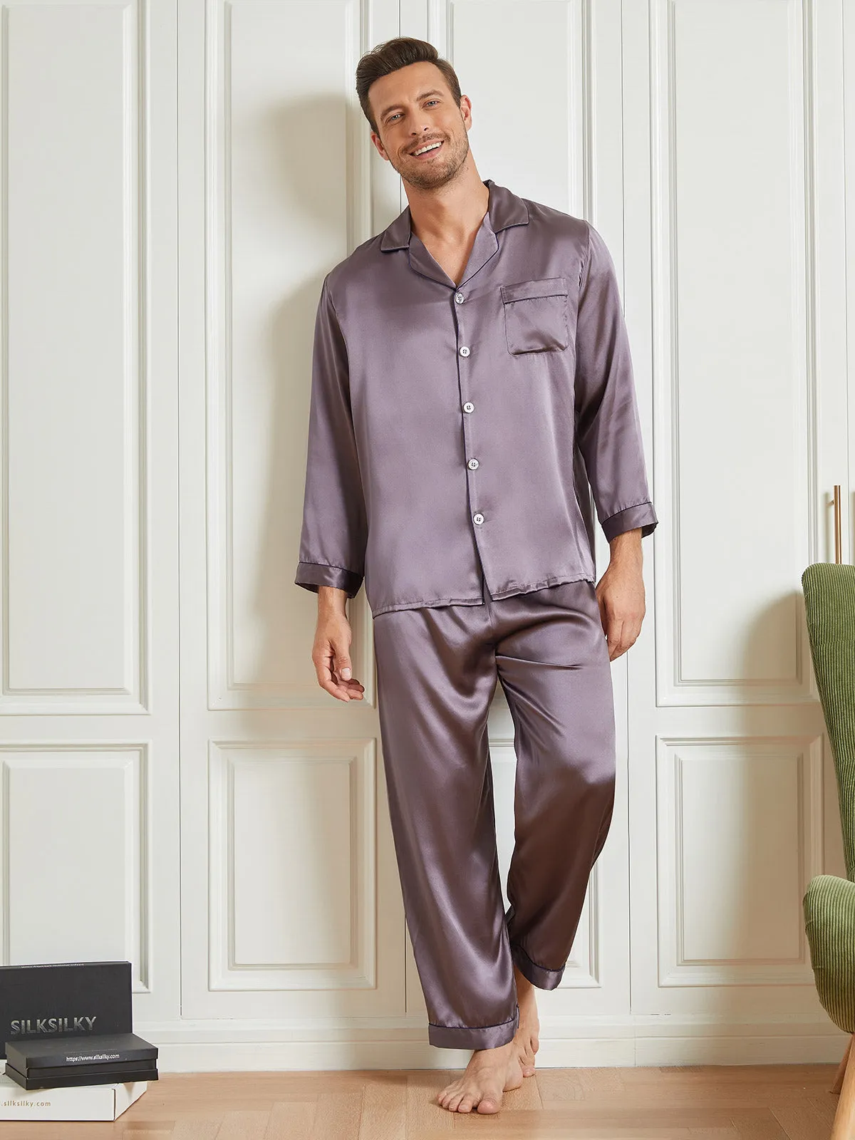 Silk Men's Lapel Long Sleeve Pyjamas Set