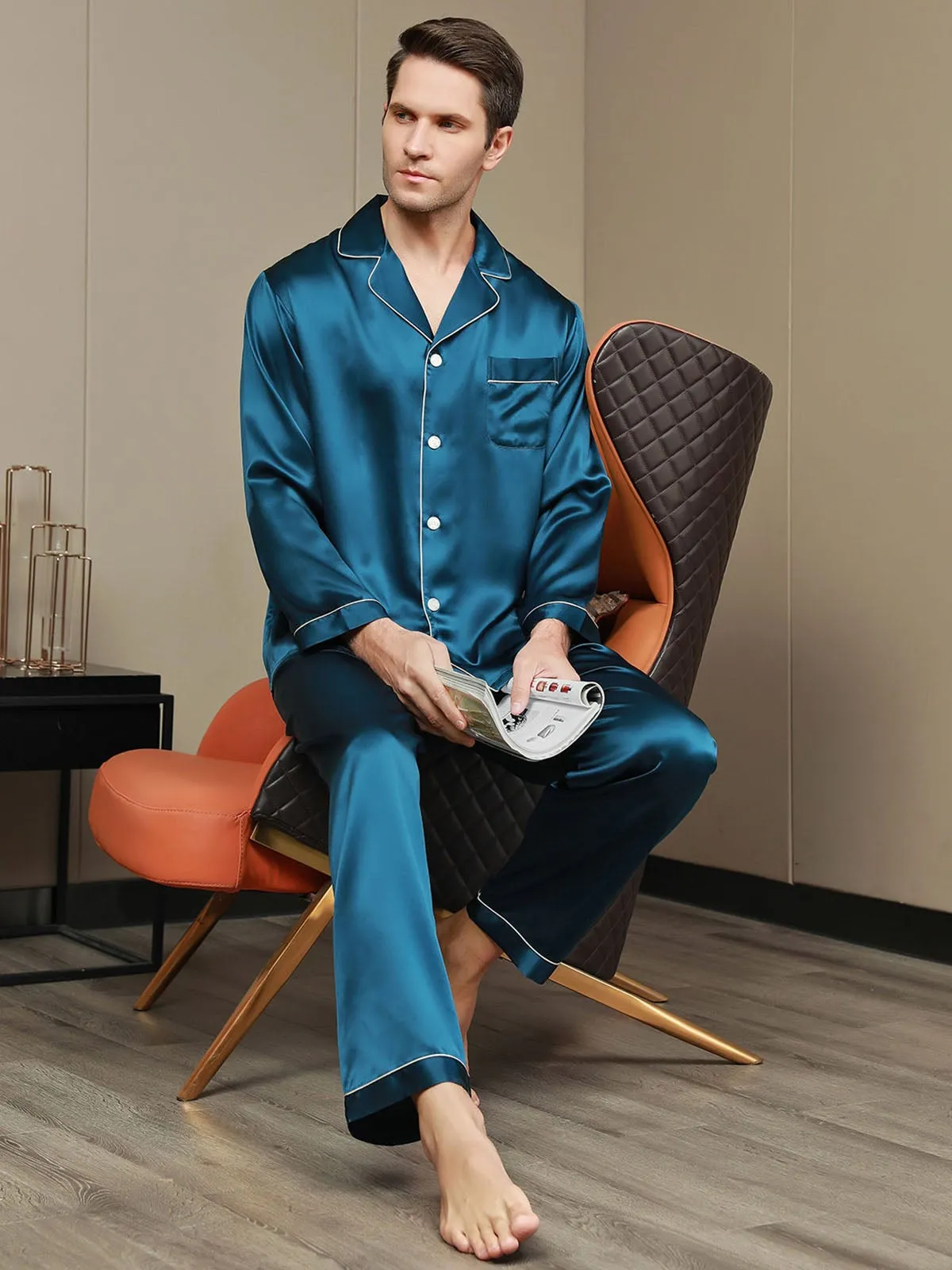 Silk Men's Lapel Long Sleeve Pyjamas Set