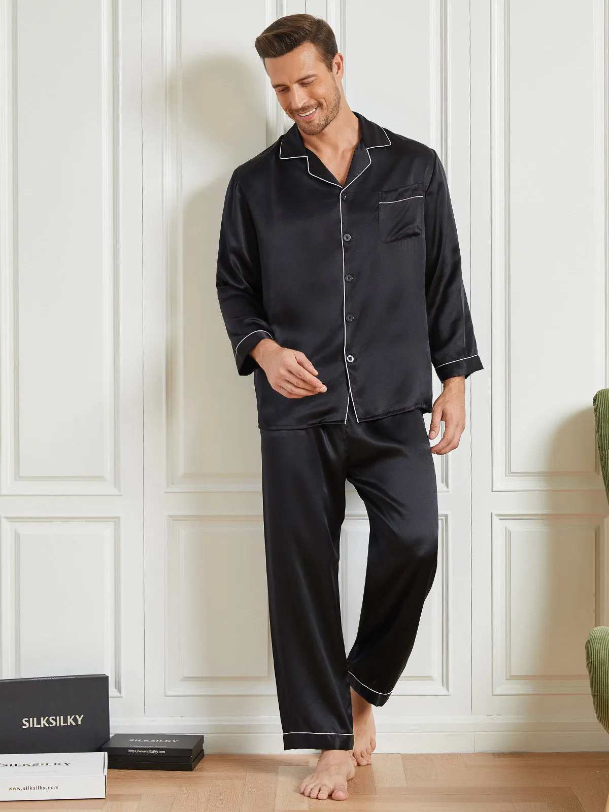 Silk Men's Lapel Long Sleeve Pyjamas Set