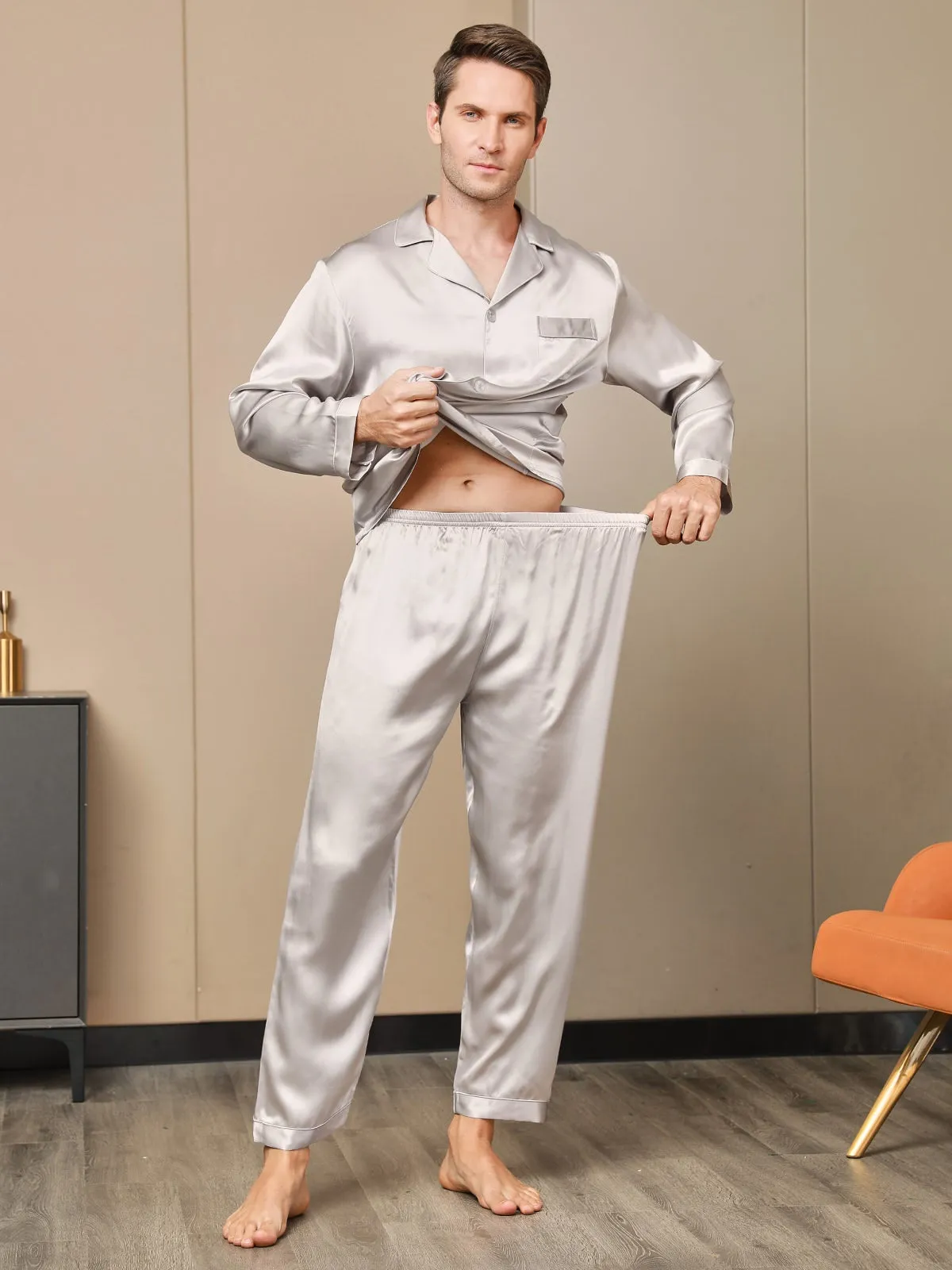 Silk Men's Lapel Long Sleeve Pyjamas Set