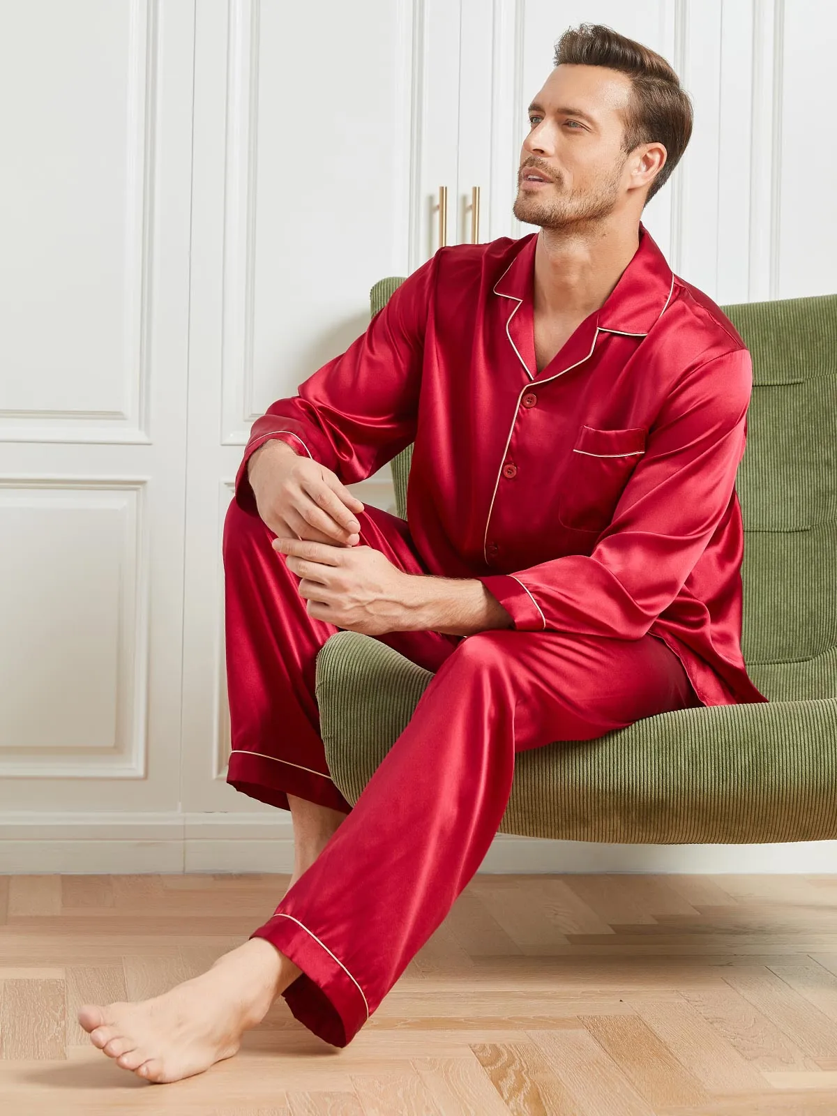 Silk Men's Lapel Long Sleeve Pyjamas Set