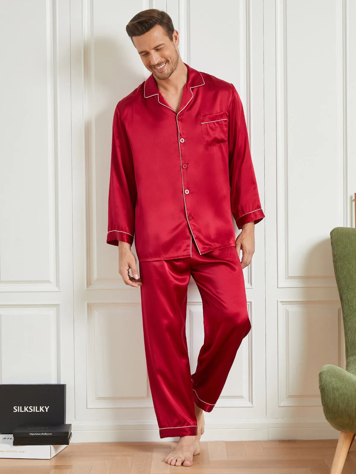 Silk Men's Lapel Long Sleeve Pyjamas Set