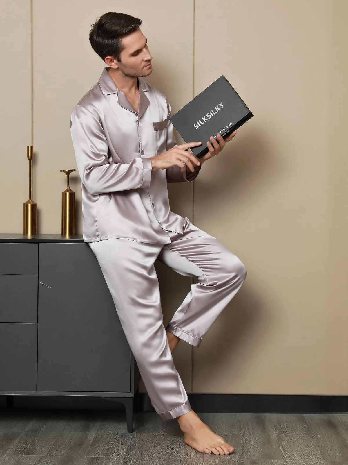 Silk Men's Lapel Long Sleeve Pyjamas Set