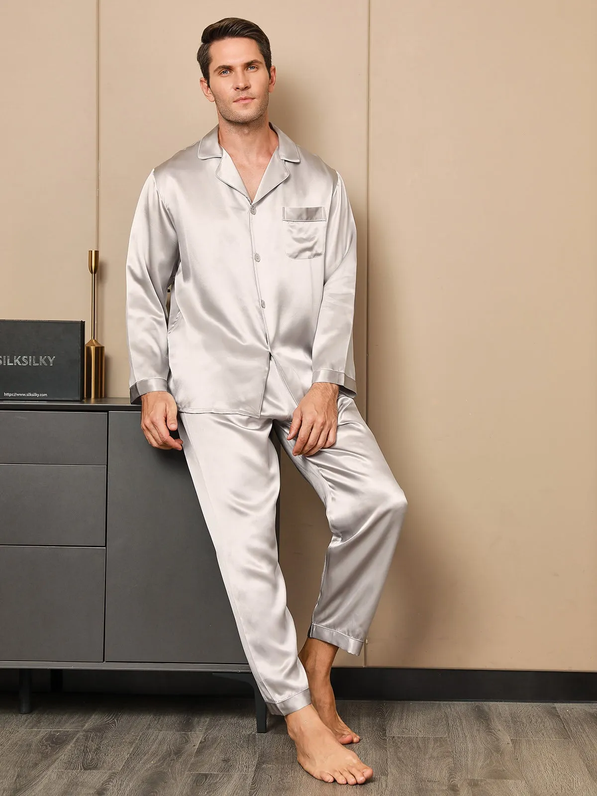 Silk Men's Lapel Long Sleeve Pyjamas Set