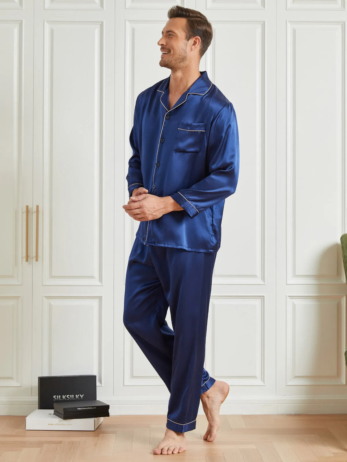 Silk Men's Lapel Long Sleeve Pyjamas Set