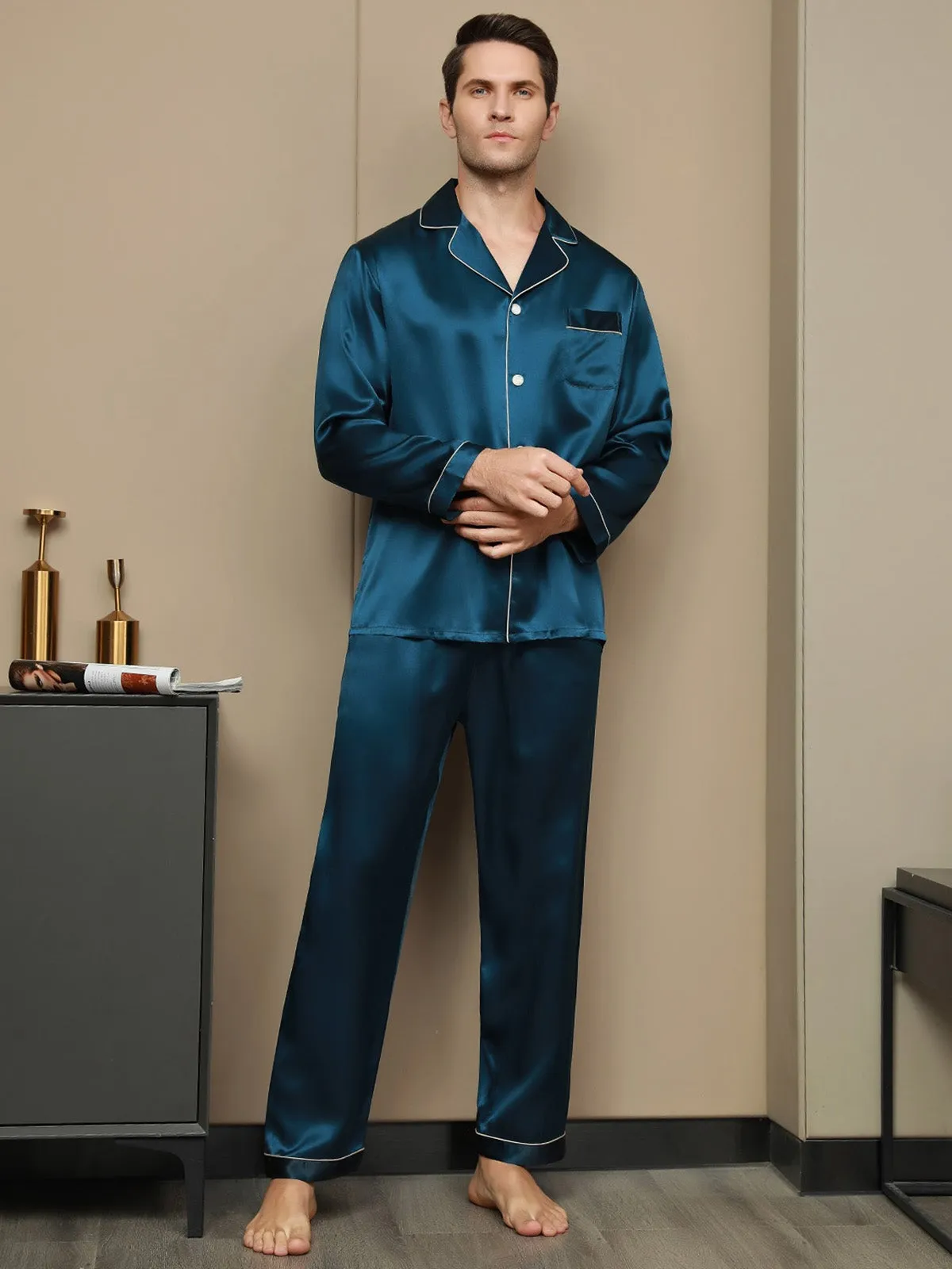 Silk Men's Lapel Long Sleeve Pyjamas Set