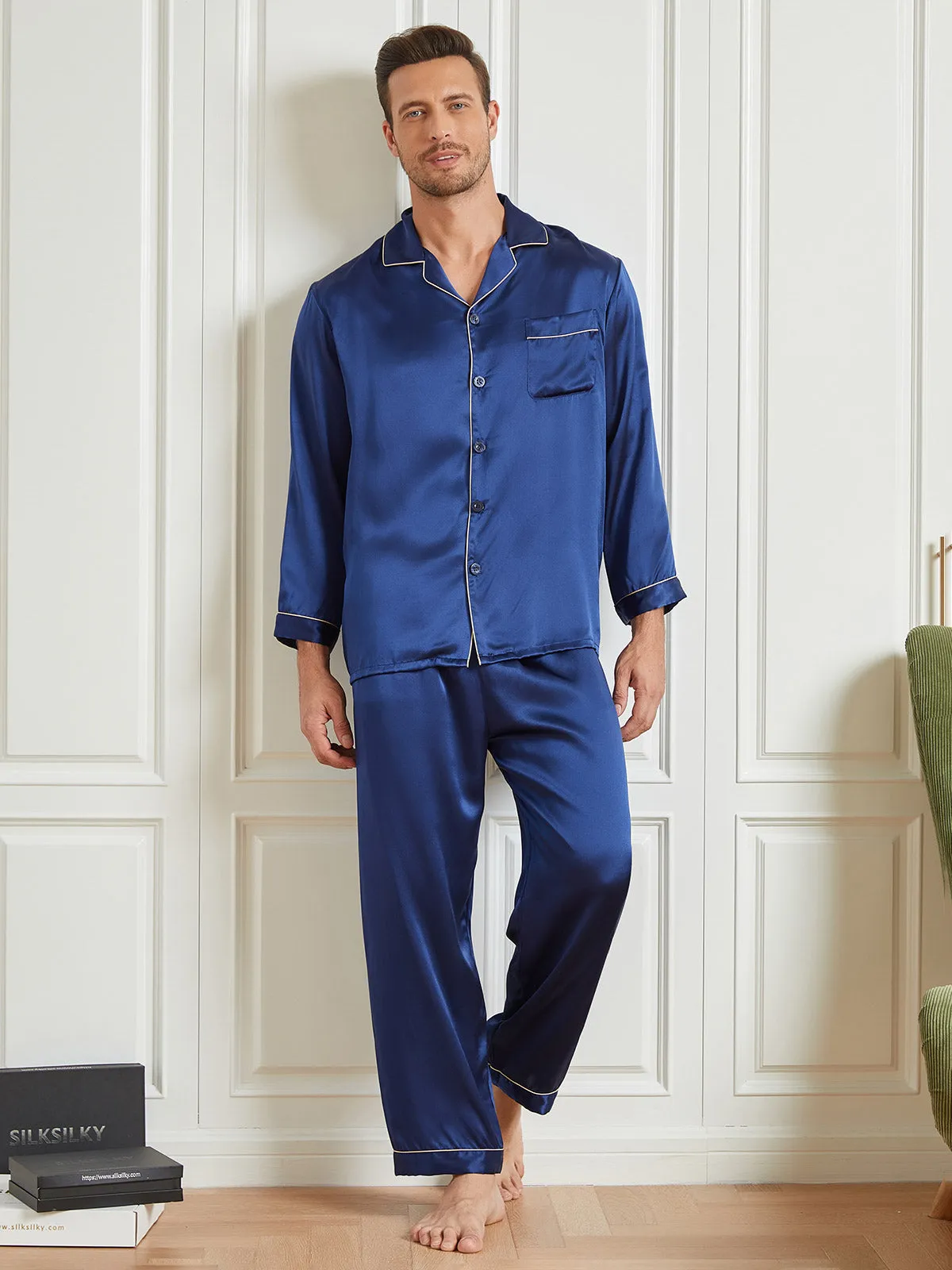 Silk Men's Lapel Long Sleeve Pyjamas Set