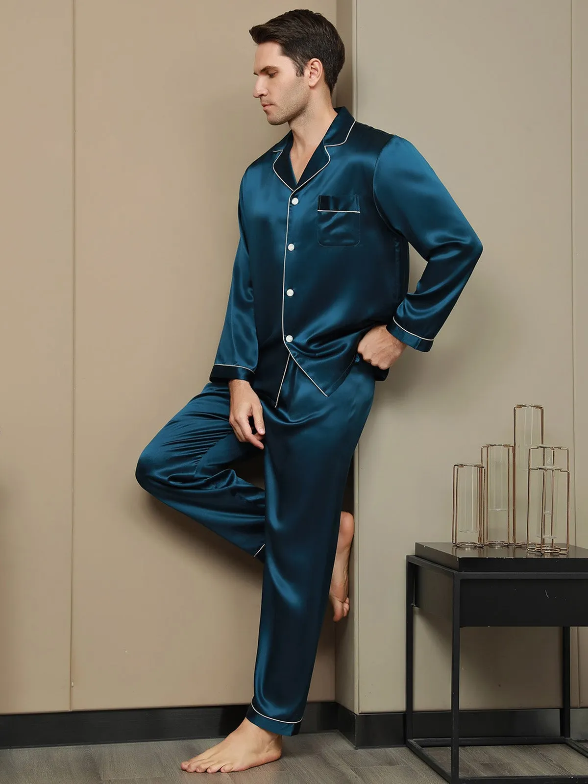 Silk Men's Lapel Long Sleeve Pyjamas Set