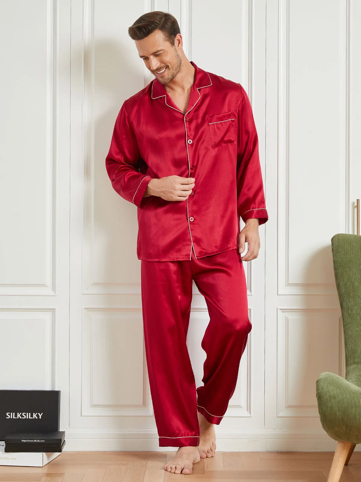 Silk Men's Lapel Long Sleeve Pyjamas Set