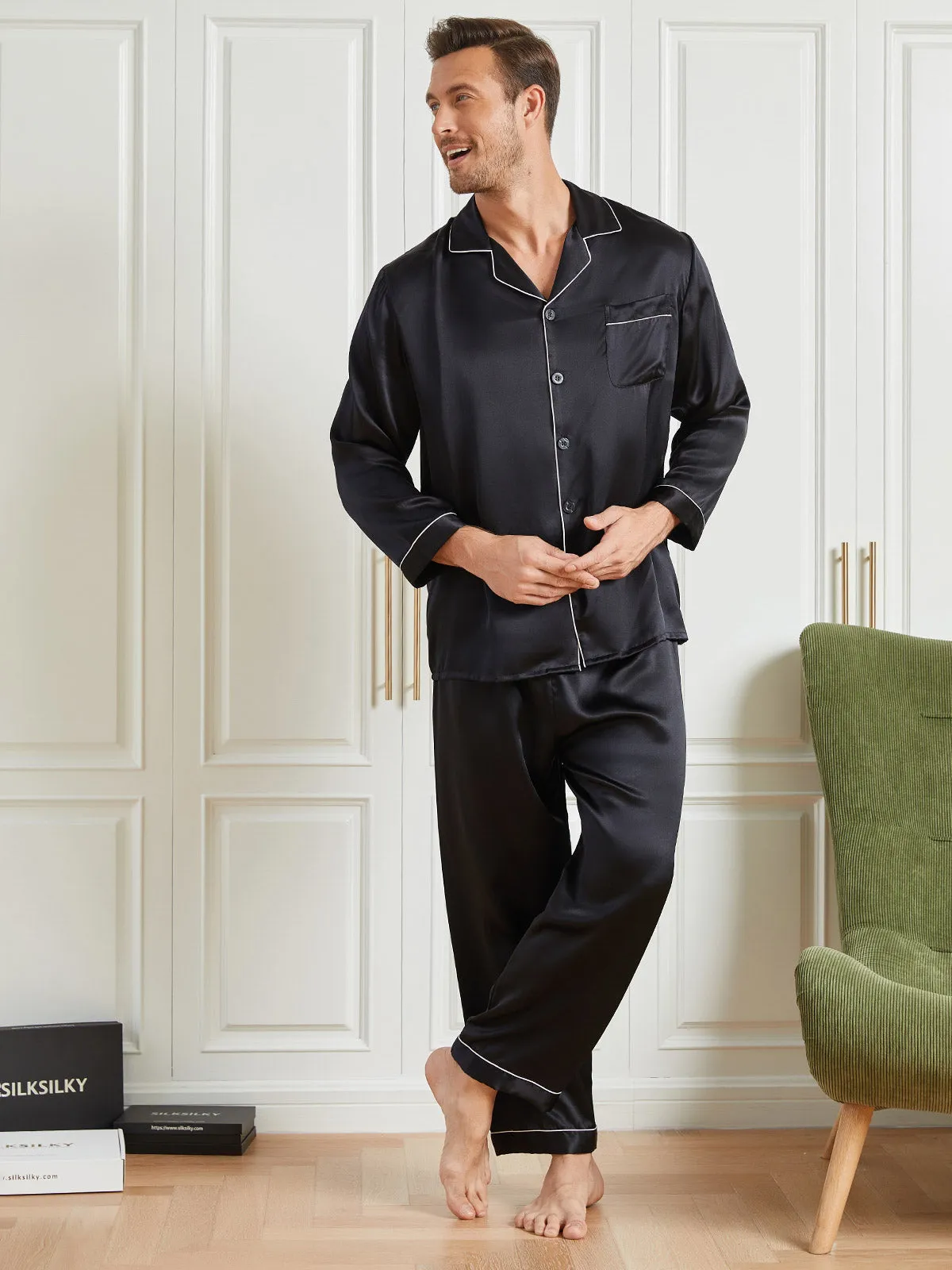 Silk Men's Lapel Long Sleeve Pyjamas Set