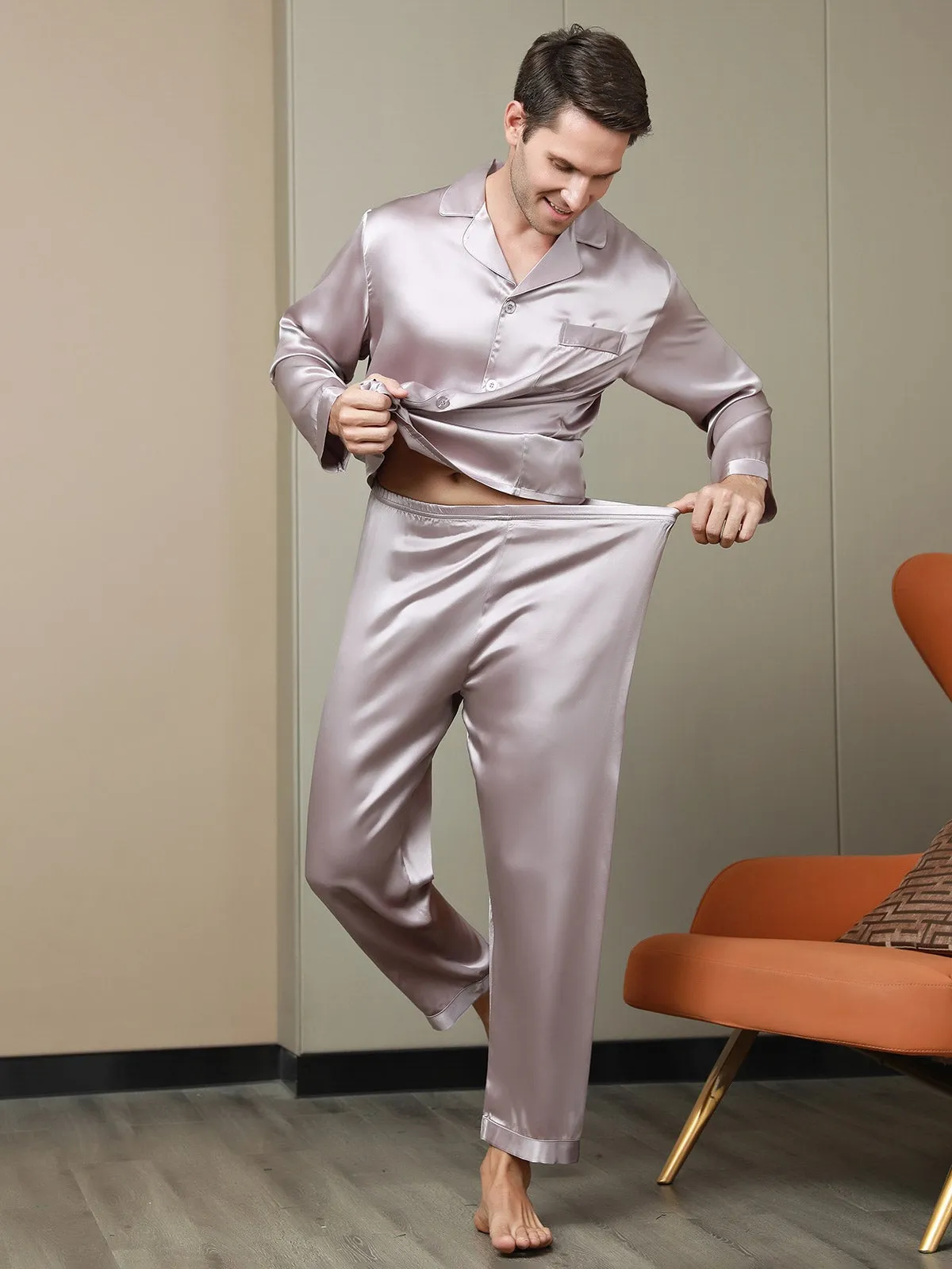 Silk Men's Lapel Long Sleeve Pyjamas Set