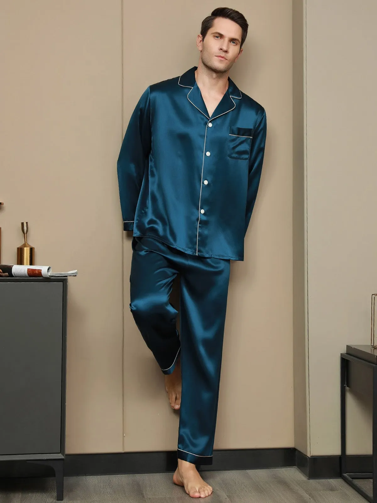 Silk Men's Lapel Long Sleeve Pyjamas Set