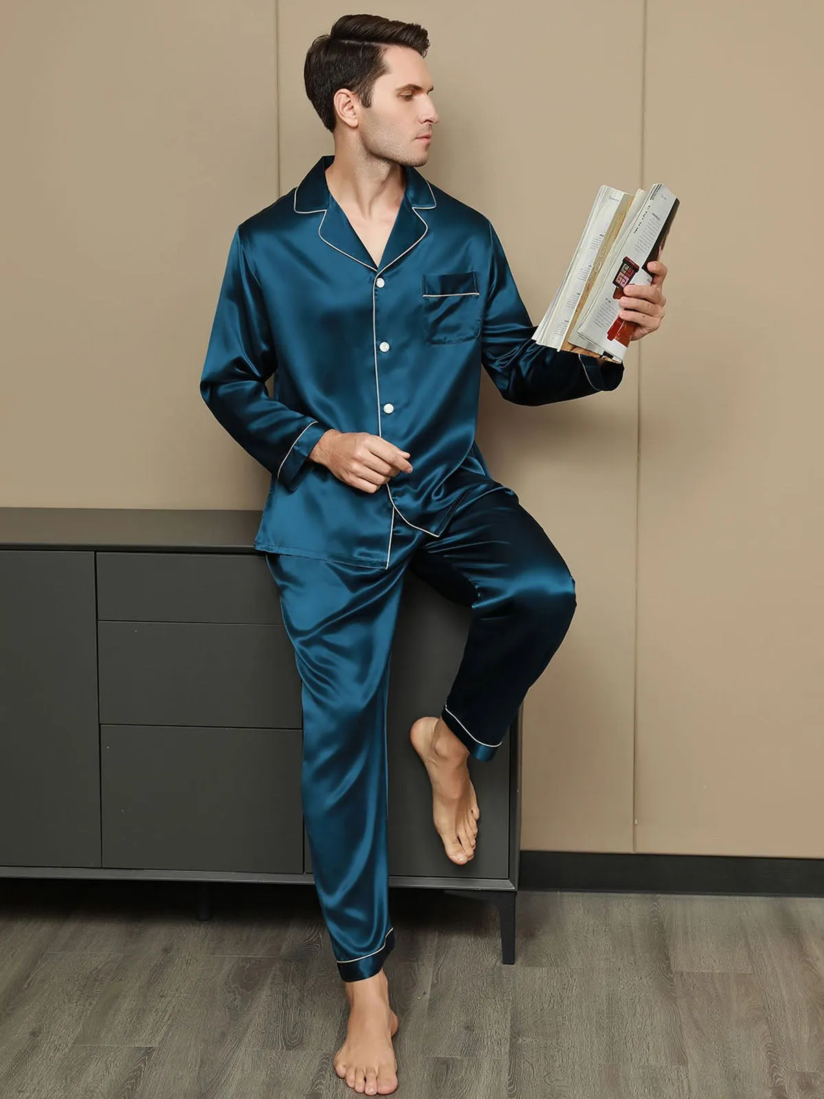 Silk Men's Lapel Long Sleeve Pyjamas Set