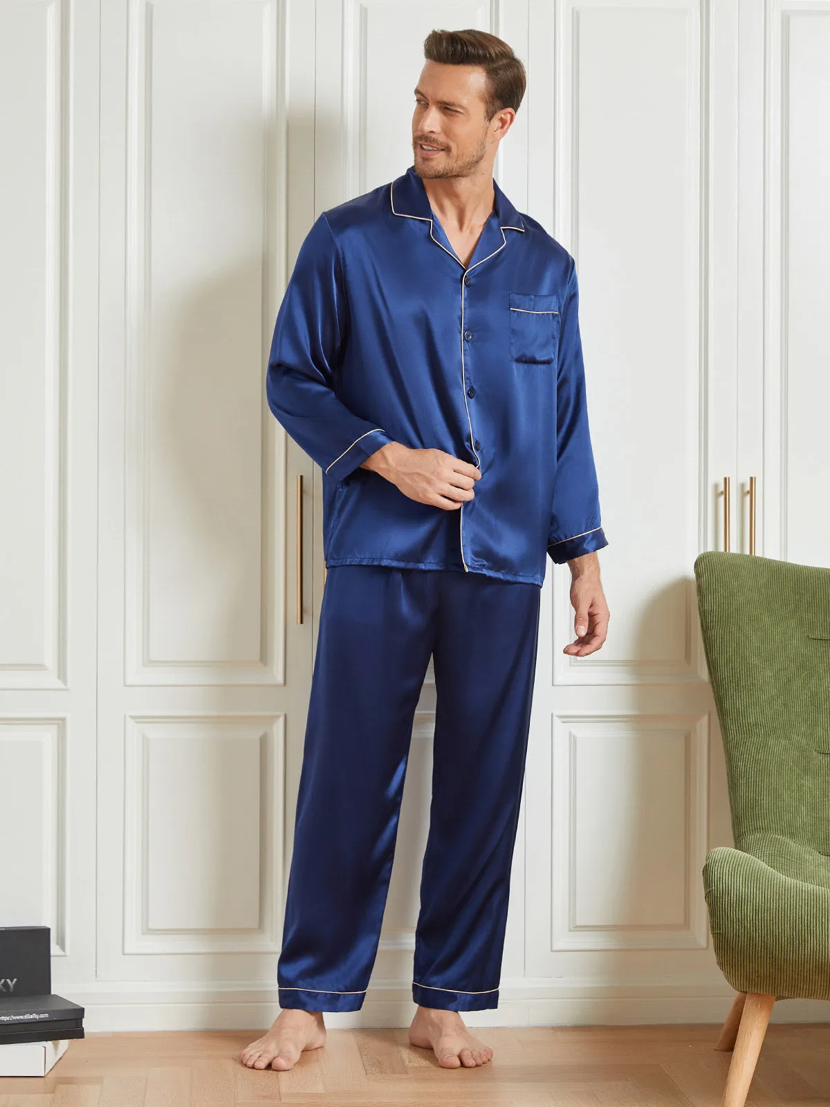 Silk Men's Lapel Long Sleeve Pyjamas Set