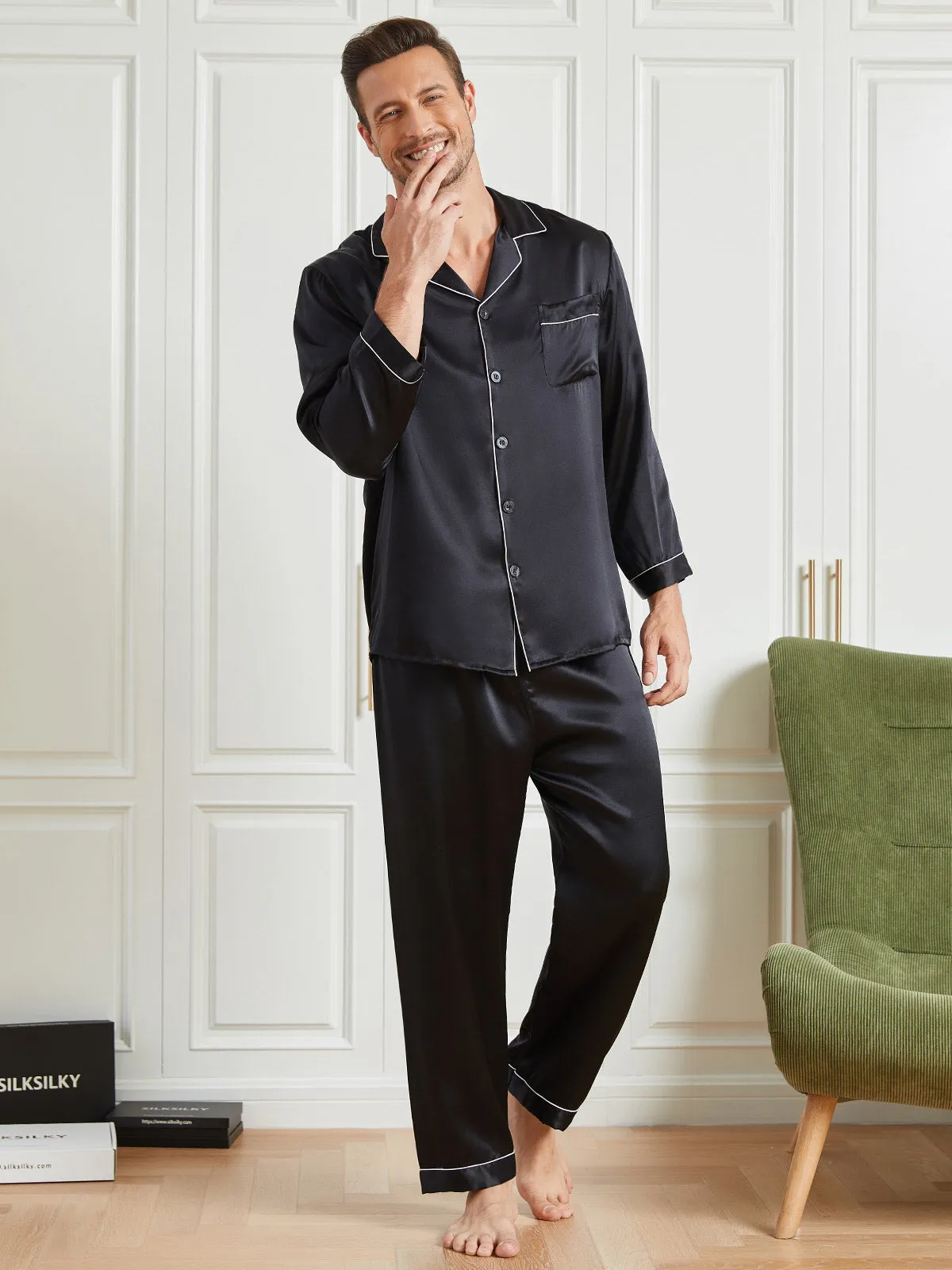 Silk Men's Lapel Long Sleeve Pyjamas Set
