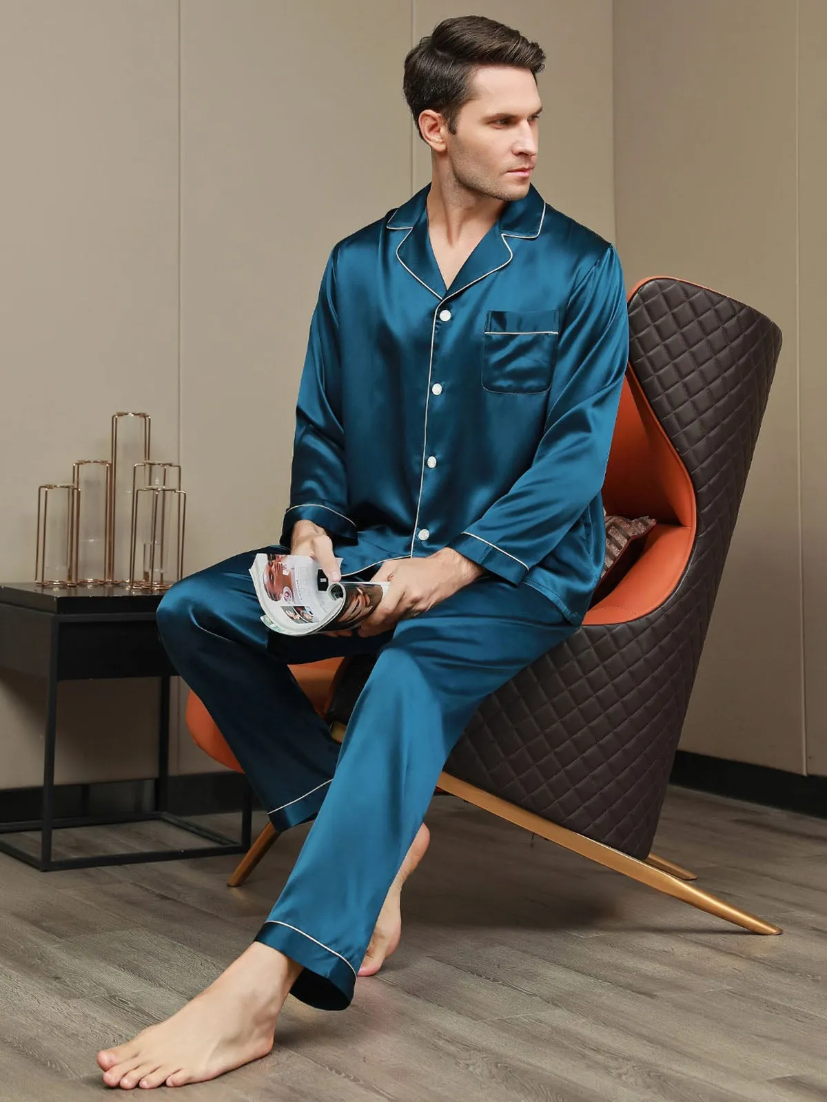 Silk Men's Lapel Long Sleeve Pyjamas Set