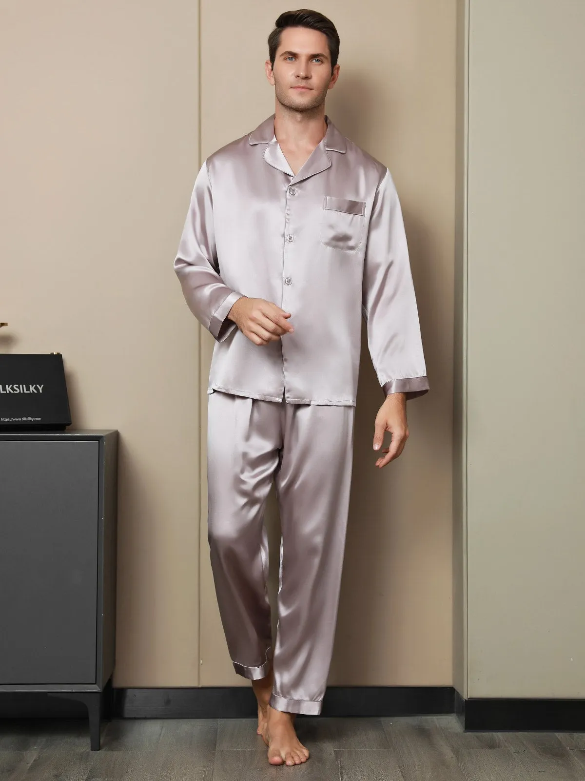 Silk Men's Lapel Long Sleeve Pyjamas Set